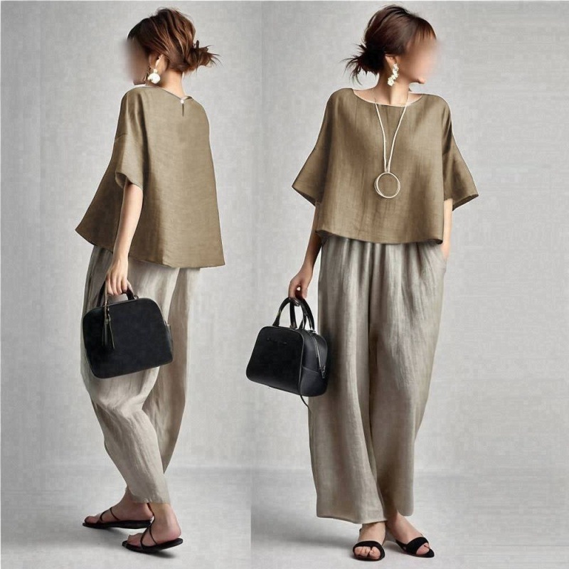 Linen Pant Wide - Ensemble deux pièces pour femme, haut