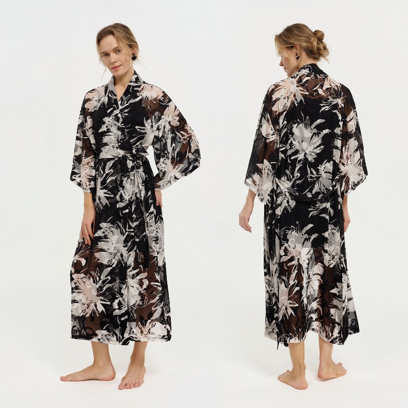Kimono Sheer Floral - Peignoir long en mousseline transparente pour